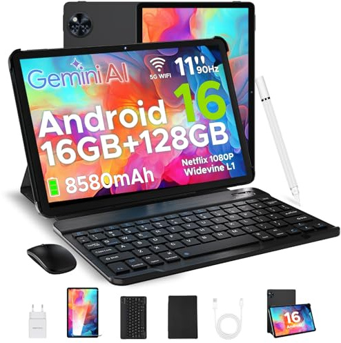 DOOGEETab U11 Android 16 Tablet 11 Pollici Gemini AI, 16GB+128GB/2TB TF, 90Hz, 8580mAh, Tablet con Tastiera e penna, Mouse, Case, Gaming Tablets Unisoc T7200 Octa Core/Widevine L1/WiFi 5/Face ID, Nero