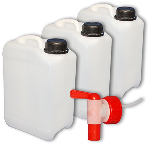 plasteo Bidons – Lot de 3 Jerricans 5 L, Naturel, avec 1 Robinet DIN 45 (22004x3+22039)