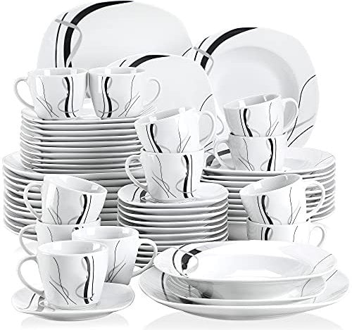 VEWEET FIONA Juego de Vajillas Elegantes 60 Piezas de Porcelana para 12 Personas con Tazas 175 ml, Platillos, Platos Llanos, Platos de Postre y Platos Hondos, Motivo de Líneas Negras y Plateadas