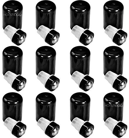 Holistic Oils Roller Top Inserts - 12 Pack, Fits 5ml & 15ml Essential Oil Bottles, Leak-Proof, Reusable, Black, Glass