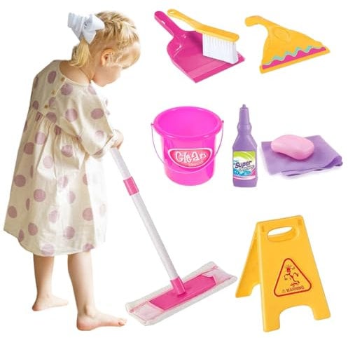 Kids Cleaning Sweeping Play Set Mop Broom Brush Dustpan Children Pretend Toy With Caution Sign