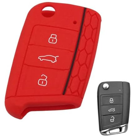 Coque de clé compatible avec Volkswagen Golf Polo Tiguan T ROC T CROSS Passat Compatible avec Seat Silicone Caoutchouc 3 Touches Porte-clés Coque Souple Protection Télécommande Voiture (rouge)