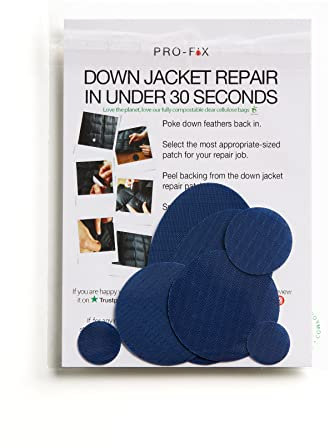 DJR PRO FIX: Einfach zu verwendende Flicken-Sets für Daunenjacken - Selbstklebende, wasserfeste, reißfeste Flicken zur Reparatur von Kleidung, Schlafsäcken, Zelten, Outdoor-Ausrüstung - Dunkelblau