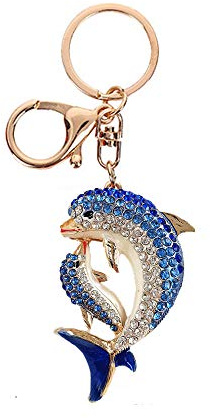 Niedlicher Delfin-Schlüsselanhänger mit Strasssteinen, goldfarben, funkelnder Charm-Anhänger, blau, L