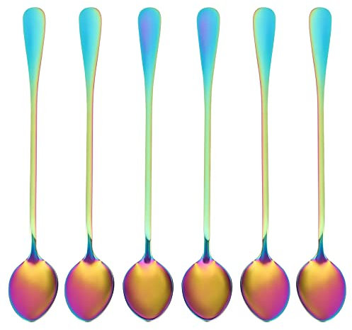 Coffee Espresso Teaspoons, Set of 6 Rainbow Color Mini Spoon Long-Handle Ice Cream Desert Spoon Stir Spoons Mixing Spoon for Coffee Sugar Dessert Cake Ice Cream Soup Antipasto Cappuccino