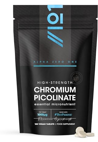 Chromium Picolinate 1000mcg– 180 Vegan Tablets – Blood Sugar + Metabolism Support – 6 Months Supply - Resealable and Recyclable Pouch by Alpha01