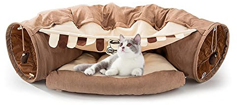 Galatée Katzenbett, Katzentunnel Mit Kissenmatte, Haustierhöhlenbett Mit 2 Hängenden Kratzbällen, Weiches Und Gemütliches Katzentunnelbett, Katzentunnel Für Indoor-Katzen(Hellbraun)