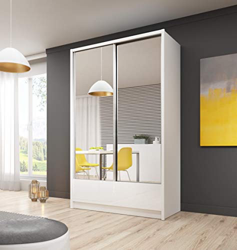VIKA White shine sliding mirrored doors wardrobe ARTA 2 drawers size 134-204 cm wide (134)