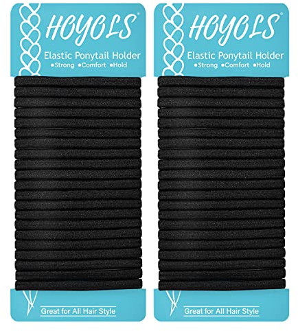 Hoyols Flat Hair Elastics Ties, No Metal Bands for Heavy and Curly Hair Ponytail Holders Headband 5mm Wide 42 Count (Black)