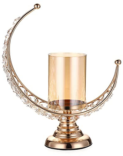 Tolida Moon Shape Crystal Tea Light Candelabra Candle Holder with Detachable Shade for Home Office Wedding Party Reception Table Center Decoration, Gold