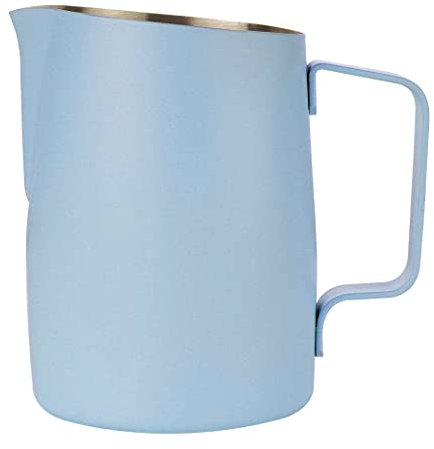 Dianoo Jarra de espuma de leche con asa, jarra de vapor de acero inoxidable de 600 ml, taza espumadora de leche espresso para café, capuchino, latte arte, azul