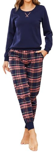 Mnemo Pyjama Femme Ensemble Pyjama a Carreaux Pyjama Coton Femme Carreaux Pyjama Femme Coton Manches Longues, Bleu-Rose avec Fil d'or, S