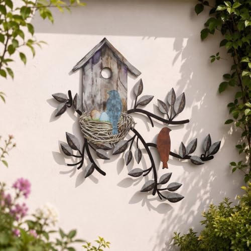 Vögel Wanddekoration Metallbaum mit Vogelhaus Wandkunst zum Aufhängen Outdoor Wandkunst Metall Wandkunst für Wohnzimmer Blatt Wanddekoration Metallbaum Wanddekoration für Innen und Außenbereich