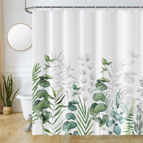Uiiooazy Duschvorhang 180x200cm, Duschvorhang Anti Schimmel Grüne Blätter Eukalyptus Grau Pflanzenmotiv Duschvorhänge Wasserdicht Polyester Stoff Waschbar Bad Vorhang mit 12 Haken für Badezimmer