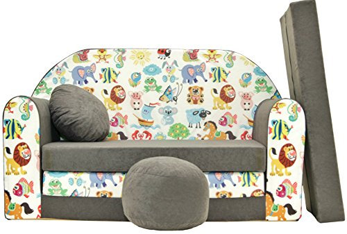 All4All Kindersofa Schlafsofa 3in1 Velo Spielsofa für Kinder Sofa zum Aufklappen Funzy Kindercouch mit Schlaffunktion Verschiedene Muster Grau Rosa Grün Tiermuster Bequem (A5 Grau + Tiere)