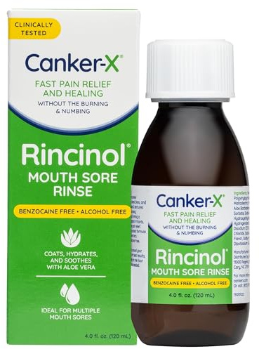 Canker-X Rincinol Oral Rinse Mouthwash, Quick Pain Relief from Canker Sores, Mouth Burns & More, Benzocaine Free & Alcohol Free Mouthwash, Adults & Kids 6+ Years, 4.0 Fl. Oz.