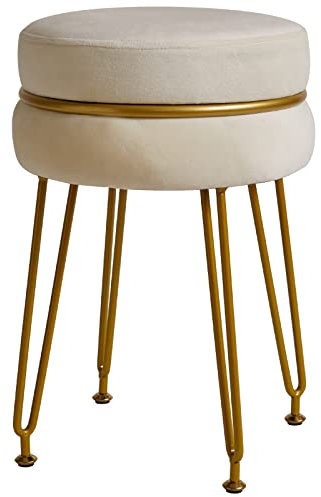 IBUYKE Moderne Velours Rond Pouf, Salle d'eau vanité Chaise, vanité Tabouret avec Pieds en Or Pouf, Tabouret de Style Moderne pour Chambre à Coucher, Salon, entrée, Bureau, Laiteux L/G-40M