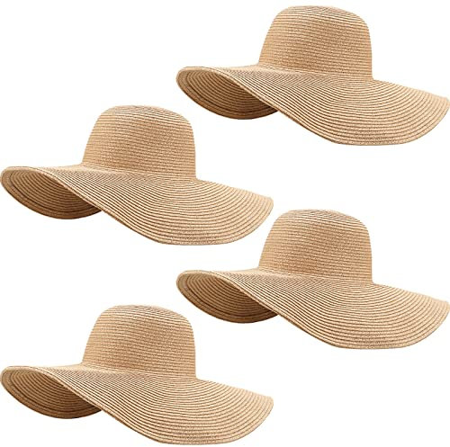 Sintuff Stroh-Sonnenhüte für Damen, breite Krempe, übergroß, faltbar, aufrollbar, LSF 50+, für den Sommer, 4 Stück, Khaki, Einheitsgröße