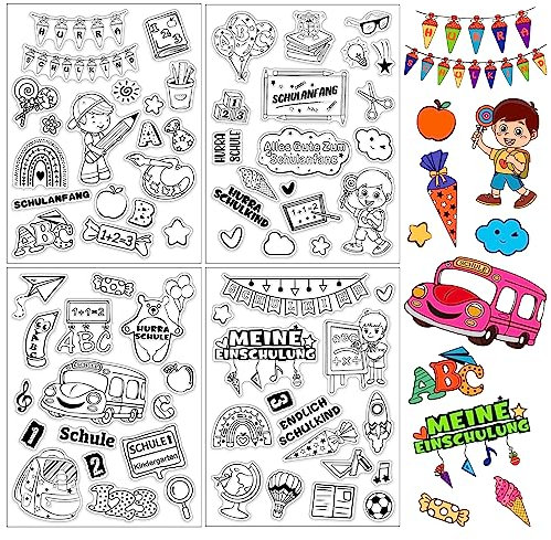 BETESSIN 4Blatt Klare Stempel Einschulung Silikon Stempel Kinder Alles Gute zum Schulanfang Stempelmotive Schulkind Schuleinführung für DIY Geschenk Karte Scrapbooking 123 ABC Zuckertüten Schulbus