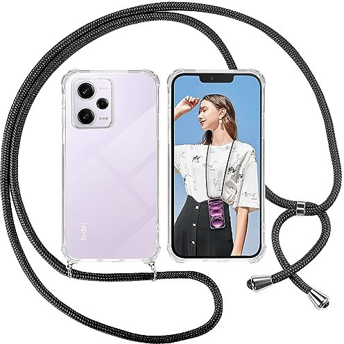 ISOI Funda con Cuerda para Xiaomi Redmi Note 12 Pro 5G, Carcasa Transparente TPU Suave Silicona Case con Correa Colgante Ajustable Collar Correa de Cuello Cadena Cordón, Negro