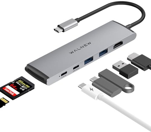 WALNEW USB-C-Hub, 7-in-1-USB-C-Dockingstation mit 4K-HDMI, 100 W PD, 3 5 Gbit/s Datenanschlüsse (1 USB C und 2 USB 3.0), TF/SD Kartenleser, USB-Hub für Laptop, MacBook Pro/Air/Mac/Dell/HP/ASUS/Acer