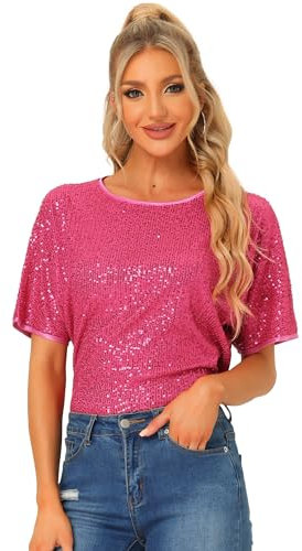 Allegra K Blouses à Paillettes Femmes Métalliques Col Rond Manches Courtes Haut Brillant de Soirée T-Shirts Scintillants Rose Vif L