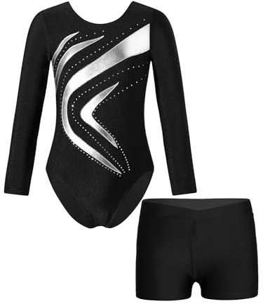 YiZYiF Mädchen Turnanzug Langarm Metallic-Kurvenmuster Trikot Gymnastik Shorts Set Kinder Ballett Tanzoutfit Wettbewerb Trainingsanzug Silber 146-152