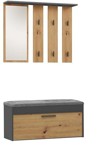 CDF Garderobe Parma | Farbe: Anthrazit - Eiche Artisan | Großer Spiegel | Kleiderbügel | Geräumiger Schuhschrank | Ideal für Diele, Flur | Praktische Ablagen | Modernes Design