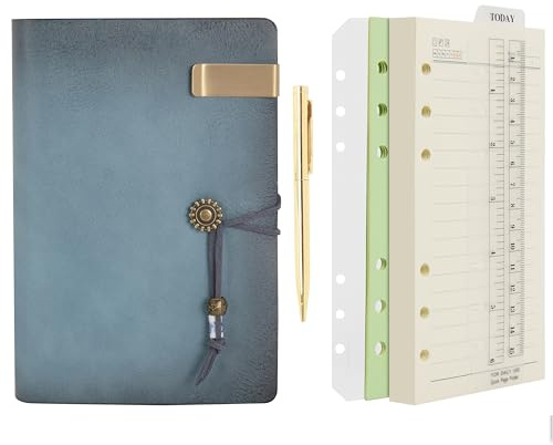 Wonderpool Leder Tagebuch Notizbuch Ringbuch–Nachfüllbarer Ordner Schreibpapier Spirale Business Notizblöcken Vintage Einband für Büro Plan Reisen Organizer (a-Cyan, A6)