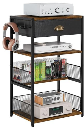 Hongtamoya 4-Tier AV Media Stand with Drawer, Video Game Console Shelf with 2 Hooks, Audio Rack Tower Perfect for/Xbox/ PS5/Switch/Game Consoles/DVD/Record Player/Projector/Sky Box/TV Accessories