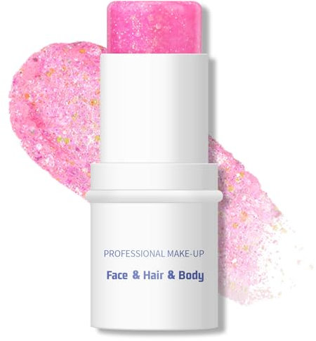 KYDA Body Glitter Stick, Chunky Glitter Gel for Face Body Hair, Sparkling Holographic Mermaid Sequins Paint, Waterproof Multiuse Makeup Glitter Gel,Pink