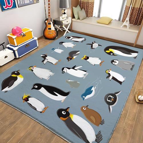 Teppich 80 x 150cm Cartoon-Pinguin Kinder Teppich Dekoration Schlafzimmer Kinderzimmer Wohnzimmer, Modern rutschfest Waschbar Flanell Kinderteppiche Heimdekoration