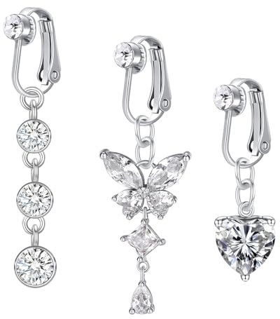 WillTen 3Pcs Fake Bauchnabelpiercing Silber, Chirurgenstahl Bauchnabelpiercing Clip Schmetterling Herz Dangly Bauchnabel Piercing, Clip On Bauchnabel piercing Fake Belly Piercing für Frauen