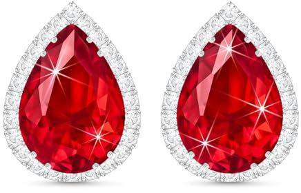 Linawe Silver Red Imitation Diamond Stud Earrings for Women, Ruby Cubic Zirconia Teardrop Rhinestone Crystal Earrings Studs, Wedding Earrings Bridal Bridesmaid, Ear Piercing Jewellery
