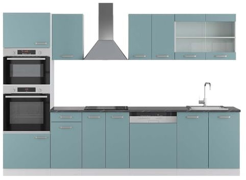 Vicco Küchenzeile R-Line, Blau-Grau/Weiß, 300 cm mit Hochschrank, AP Anthrazit