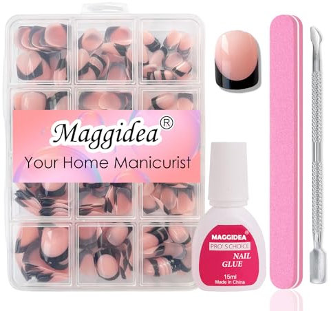 Maggidea French False Nails Kit, Black Tips Press on Nails, 240 Pcs False Nails With Glue Fake Nail Pink Color Glossy Full Cover Glue on Nails Nail Art Manicure (Square Round- Extra Short)