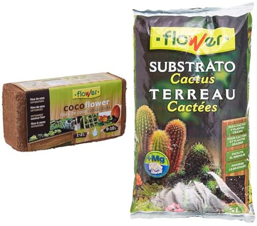 Flower Substrato Coco 100% Natural para Plantas - Fibra de Coco 9L y Cactus 5L - Marrón, 23 x 4 x 40 cm