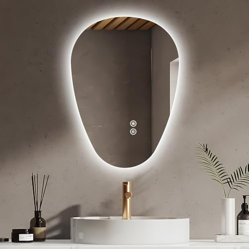EMKE Badspiegel mit Beleuchtung Asymmetrischer LED Spiegel 60 x 45 cm, Touch-Schalter, Dimmbar 3 Lichtfarben, Beschlagfrei Badezimmerspiegel mit Beleuchtung IP44 Energiesparend