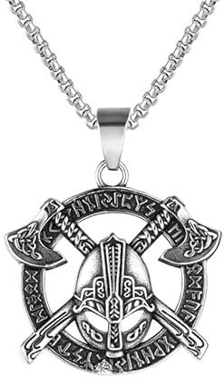 FLYMANFIRE Ancient Celtic Druidic Warrior Amulet Norse Viking Jewelry Battle Axes Pendant Necklace Double-Edged Axe Pewter Charm Men's Talisman Medallion with Stainless Steel Chain Protection Amulet