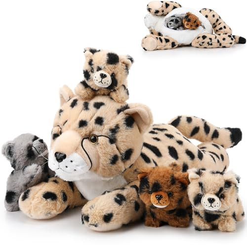 Zomiboo 5 Stück Geparden Kuscheltier Set Großer Mama Geparden Plüsch mit 4 Kuschelweichen Gepardenbabys im Bauch für Jungen Mädchen Geburtstag Abschlussgeschenke Partydekorationen(Lügenstil)
