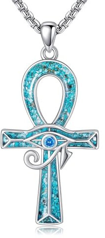 HUKKUN Ankh Halskette 925 Sterling Silber Horusauge Halskette Türkisfarbene Ankh Kreuz Halskette für Herren Ägyptischer Schmuck für Herren