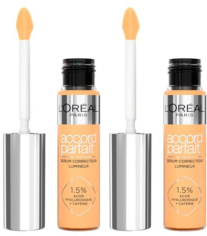 L'Oréal Paris Accord Parfait Radiant Serum Concealer Concealer aus Serum, auffüllend und hydratisiert, mittlere Abdeckung, hell, neutralisiert Augenringe mit Hyaluronsäure, Farbton 6 N, 2 Flaschen à