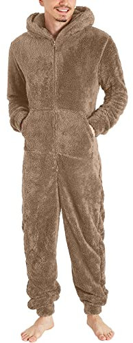 RUMAOZIA Tuta Teddy Fleece da uomo Onesie Tuta invernale in pile, tuta intera e calda, in flanella, con cappuccio e chiusura lampo, O kaki, 3XL