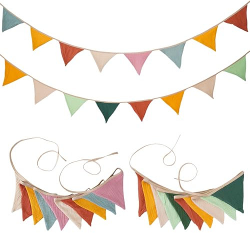 Dreieckige Flaggen, Wimpel Flagge, 2 Stück Girlande Wimpelkette Kinderzimmer, 2,6 m Doppelseitig Stoff Wimpelkette aus Musselin Baumwolle, Musselinstoff Girlande für Kinderzimmer Deko Mädchen & Jungen