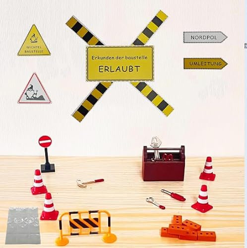 RuiDay Wichtel Baustelle Set, 20Pcs Miniatur Wichtel Zubehör Weihnachten, DIY Wichtel Zubehör Baustelle Einzug, Mini-Straßenschilder Verkehrskegel für Kinder (20 Stück)