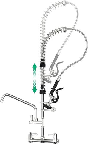 BESTJEEF Grifo de fregadero comercial con pulverizador de preenjuague, altura ajustable (33-43 pulgadas), grifo de cocina industrial de montaje en pared, centro de 8 pulgadas con pulverizador de