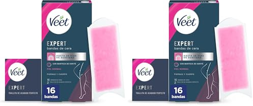 Veet Expert Bandas de Cera Fría Depilatoria para Depilación de Piernas y Cuerpo, con Manteca de Karité, 16 tiras (Paquete de 2)