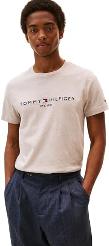 Tommy Hilfiger Men’s Short Sleeve Slim Fit T-Shirt, Beige (Heathered Pebble), L