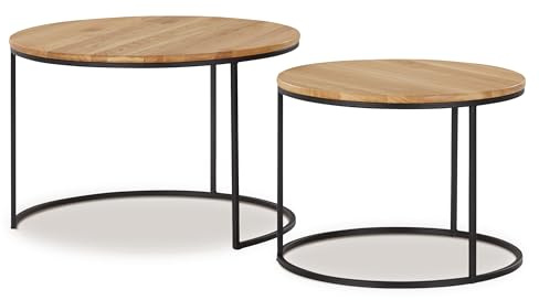 KHG Couchtisch 2er-Set Massiv-Eiche Rund, Tischplatte aus Wildeiche | Tischplatte aus Wildeiche Kufen-Gestell aus Metall schwarz fürs Wohnzimmer, 10 kg belastbar, 75x75x50 cm