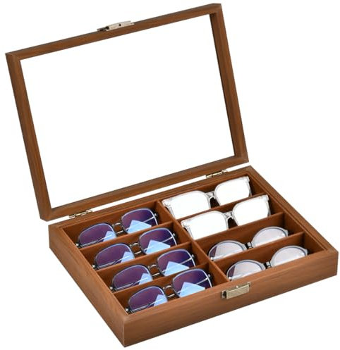 MVQPER 8 Slots Sunglasses Storage Box for Women and Men, Wooden Sunglasses Storage Organiser Trays,Eyeglasses Eyewear Organizer Display Case(Walnut)